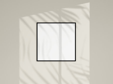 Photo frame mockup on white wall. Minimalist background. Blank picture frame mockup. Poster mockup. Clean, modern, minimal frame. 3d rendering.の写真素材