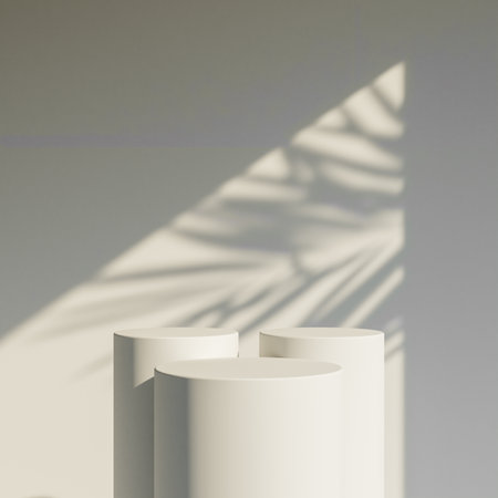3D rendering of product display podium stand with shadow nature leaves on gray background.の写真素材