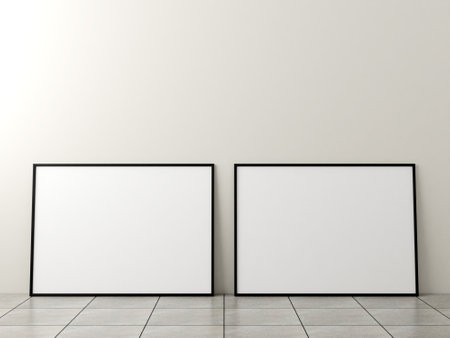 Photo frame mockup. Frame poster on marble floor with white wall. 3d rendering.の写真素材