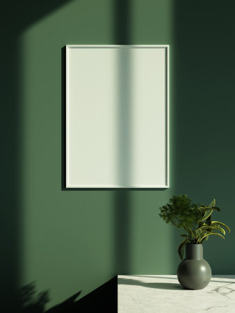 Minimalist living room style with poster photo frame hanging on the wall and sun light window shadowの写真素材