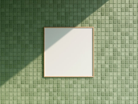 Mock up wooden square poster frame in modern interior brick wall backgroundの写真素材