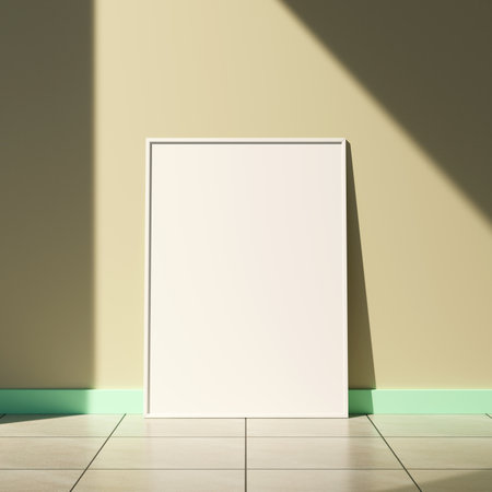 Mockup poster frame on the floor with window shadow in living roomの写真素材