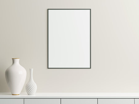 Frame mockup on white wall. Poster mockup. Clean, modern, minimal frame. Empty frame Indoor interior, show text or productの写真素材
