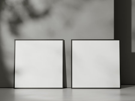 Blank poster with frame mockup on grey wall with shadowの写真素材