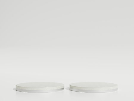 Empty silver marble podium or pedestal display on white background with cylinder stand concept. Blank product shelf standing backdrop. 3D rendering.の写真素材