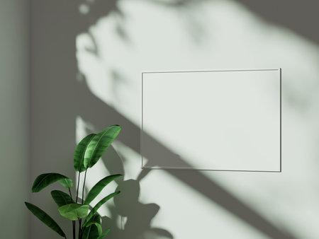 Empty framed canvas for mockups and art illustrations in minimalist room interiorの写真素材