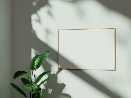 Empty framed canvas for mockups and art illustrations in minimalist room interiorの写真素材