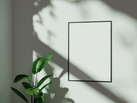 Empty framed canvas for mockups and art illustrations in minimalist room interiorの写真素材