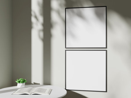 Empty framed canvas for mockups and art illustrations in minimalist room interiorの写真素材