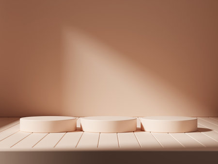 Minimalist room with realistic cylinder pedestal podium set and shadow overlay. Minimal scene for product display presentation. geometric platform stage for showcase.の写真素材