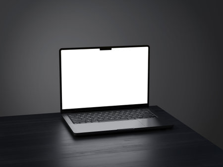 Modern laptop mockup front view on black backgroundの写真素材