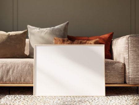Modern Poster Mockup Featuring Elegant Frame on Sofaの写真素材