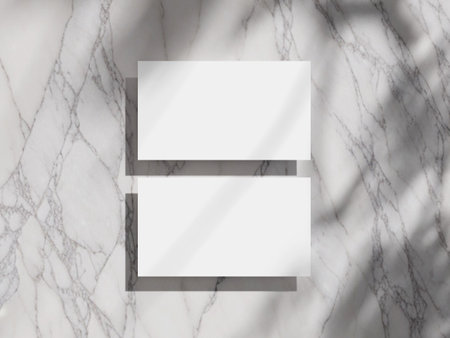 Two business cards arranged on a marble surface, offering a modern and sleek presentation.の写真素材