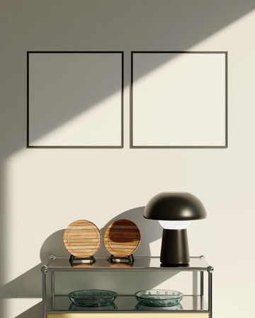 Dual square black frame mockup side by side in modern interior, perfect for showcasing art and...