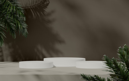 Three white podiums in a modern setting, with natural shadows and green foliage accents.の写真素材