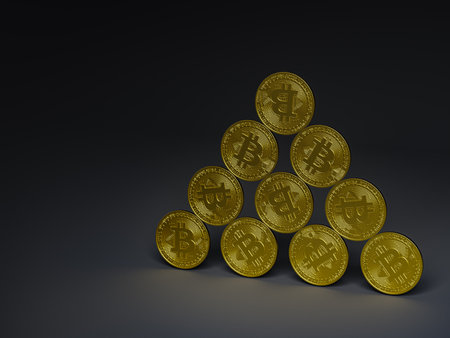 Bitcoin coins arranged in an ascending formation on black background.の写真素材