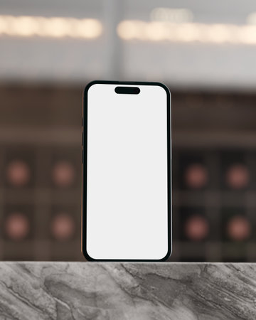 Minimal phone mockup front view with empty screen and elegant cafe blur backdrop