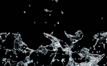 Splashing clear water frozen mid-air on black backgroundの写真素材