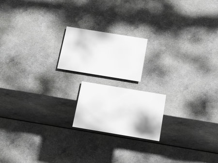 Stylish business card resting on concrete with dynamic shadow effects.の写真素材
