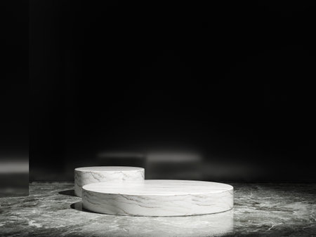 Minimalistic marble podiums with unique arrangement and dark setting.の写真素材