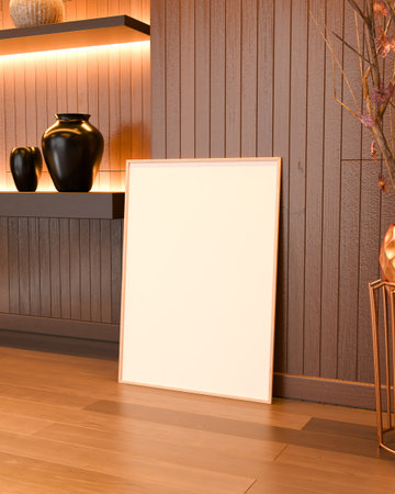 Horizontal frame mockup leaning on wooden floor with minimalistic design elements.
