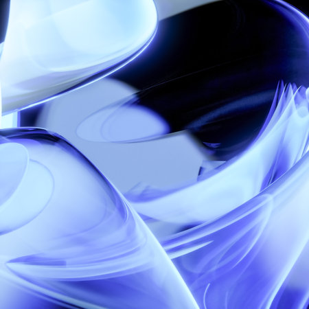 Curved blue glass patterns with bright highlights, emitting a subtle glow on a dark background.