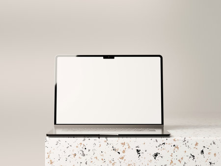 Laptop mockup with clean screen on a white surface, showcasing minimalist design.の写真素材