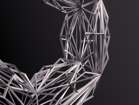 Dark background with interwoven silver geometric metal pattern.の写真素材