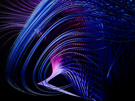 Bright neon flowing lines in purple and blue, creating abstract wave patterns.