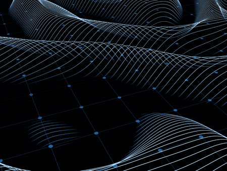 Wavy blue lines interconnected by nodes, floating above a dark grid background.の写真素材