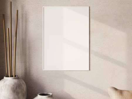 Elegant frame mockup with soft lighting and plant accents, ideal for showcasing art or photos.の写真素材