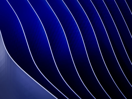 Deep blue curved layers with glowing wave lines abstract backgroundの写真素材