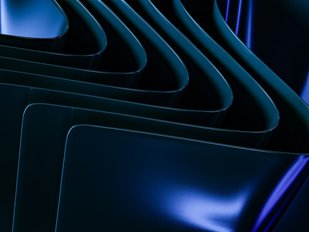 Wavy metallic texture in deep blue shades with reflections on a black background.の写真素材