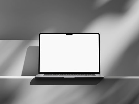 Laptop with blank screen and soft plant shadow on deskの写真素材