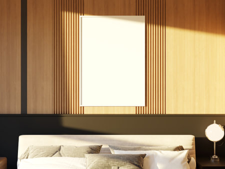 Elegant bedroom with a modern wall frame mockup above the bed.の写真素材