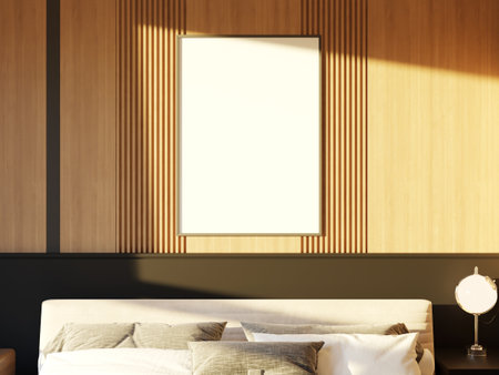 Minimalistic bedroom with a blank wall frame mockup for decor design.の写真素材