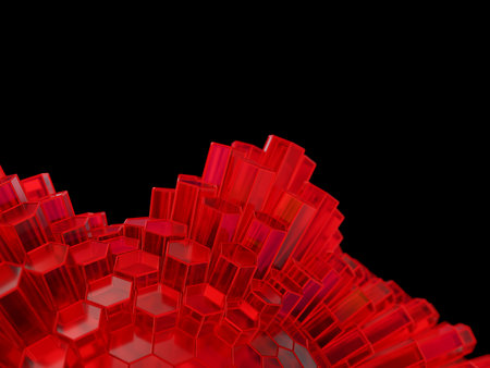 Red hexagonal elements forming a spiky pattern, emanating from the center on a black background.の写真素材