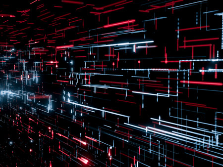 Abstract digital network with glowing lines and dots on dark background.