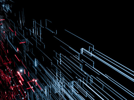 Futuristic data lines in a dynamic abstract digital network.