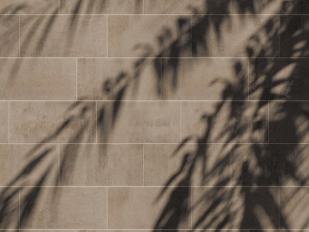 Large beige stone block wall with palm leaf shadows
