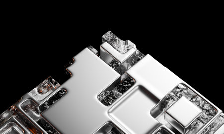 Solid metal cube on pitch black background with soft gradient lighting and deep shadows.