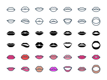 Outline, glyph, filled color outline icons for lips.のイラスト素材