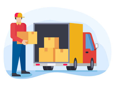 Delivery person loading parcels in truckのイラスト素材
