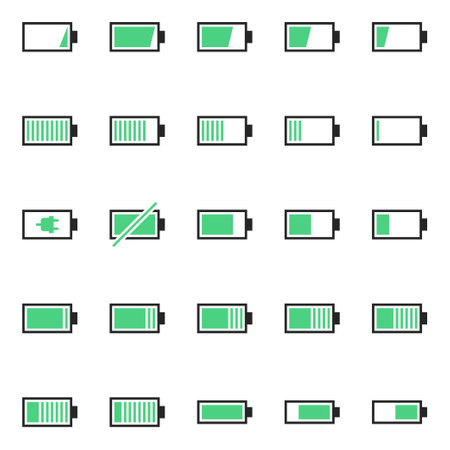 A pack of battery-related icons. Pure energy, electricity and charge thematic.のイラスト素材