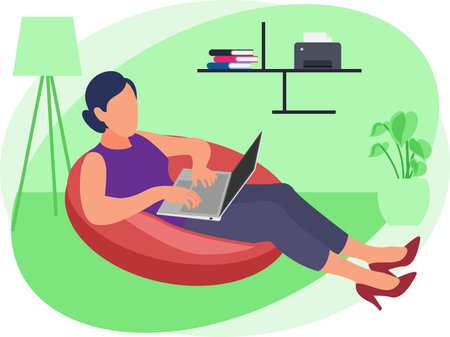 Girl working from home while seating on beanbagのイラスト素材