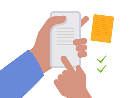 Hand holding smartphone on documents illustration.のイラスト素材