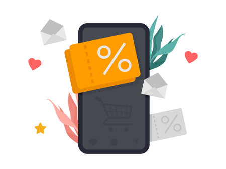 Mobile special store discount offers advertisement. Markdown program, promotional mix metaphors illustration.のイラスト素材