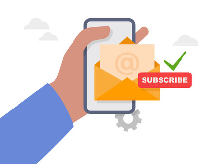Subscribe to newsletter. Open envelope with letter on phone. Sign up to mailing list illustration.のイラスト素材