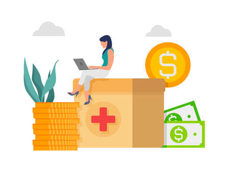 Donation box golden coin money. Donation and charity concept illustration.のイラスト素材