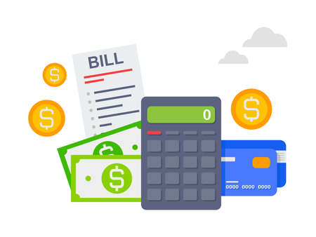 Pay bills and tax. Credit cards and calculator. Finance and taxes payments concept illustration.のイラスト素材